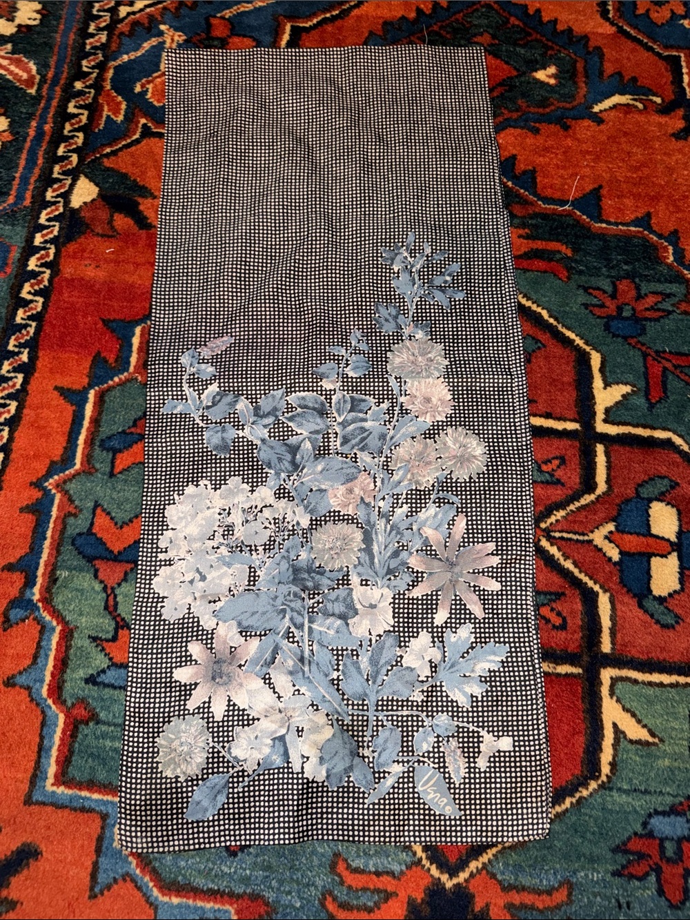 Vintage 60's Vera Neumann Floral Oblong Scarf Floral Bouquet in Muted Slate Blue